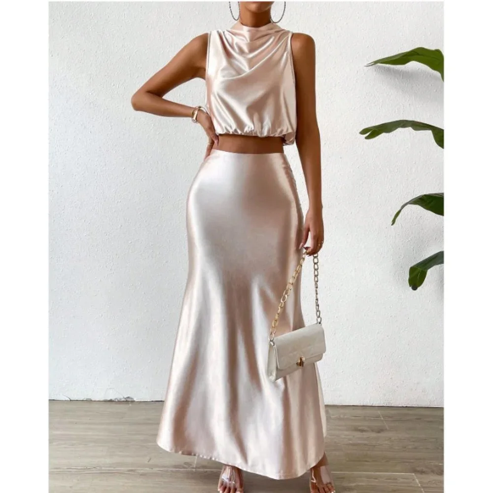 Apricot Elegant Womens Solid Satin Draped Front Blouse & Skirt - Picture 1 of 4
